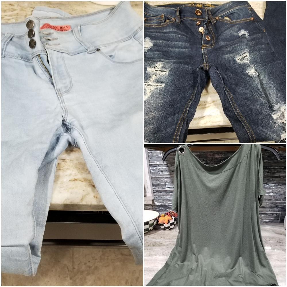 2 set of jeans size 5 and olive green top size M